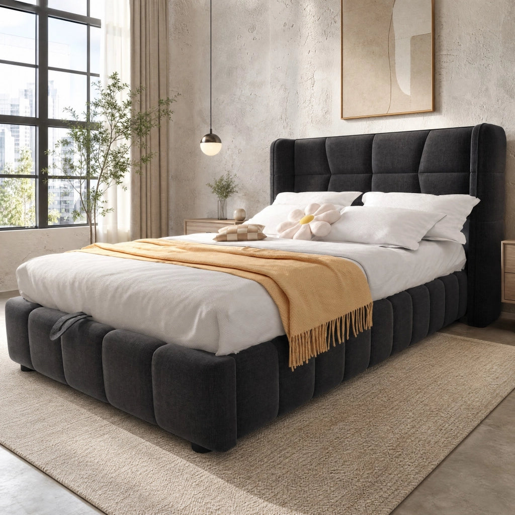 Letto singolo imbottito ULEVR 90x200 cm con contenitore sollevabile e testiera laterale ampia, grigio