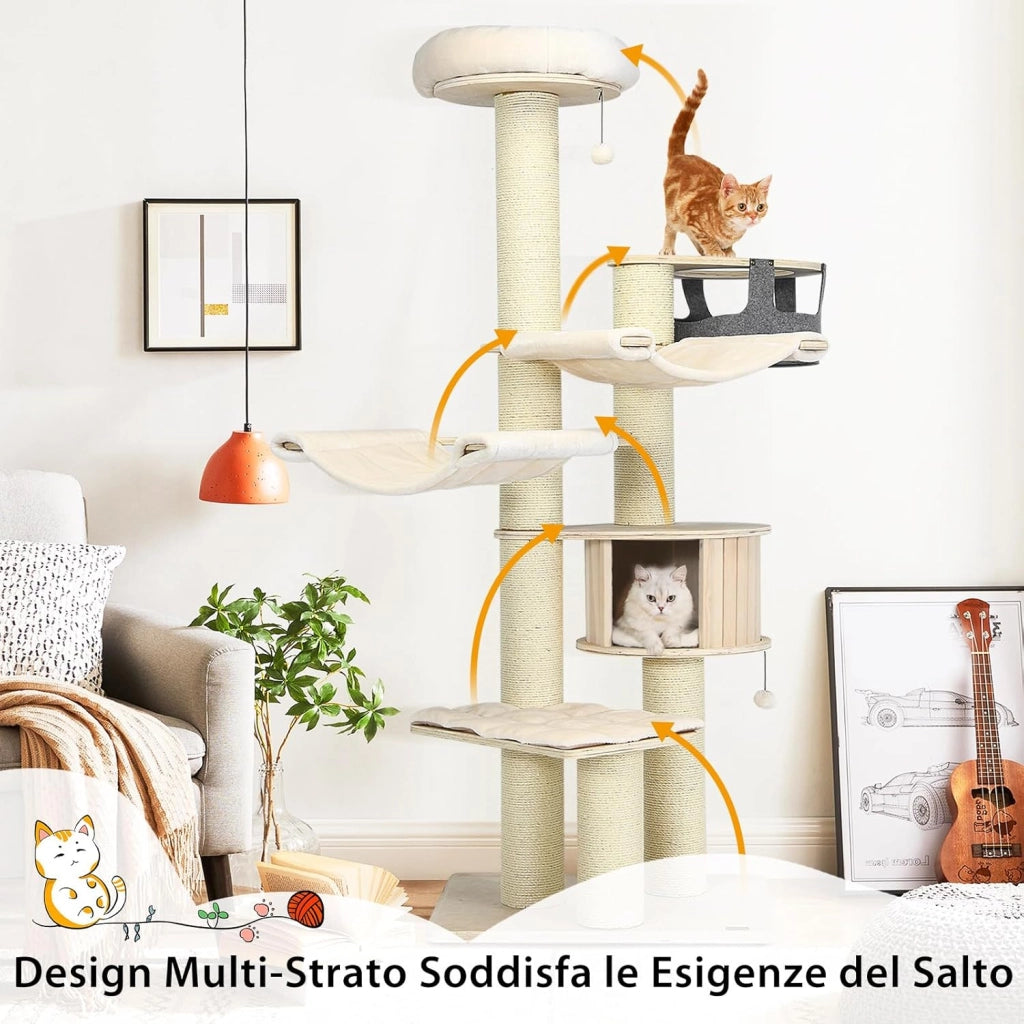 Albero per Gatti 197 CM, Tiragraffi per Gatti a Più Livelli con Nicchia in Legno, Trespolo Superiore, Amache, Cestello Sospeso, Tiragraffi con Pali in Sisal e Palline