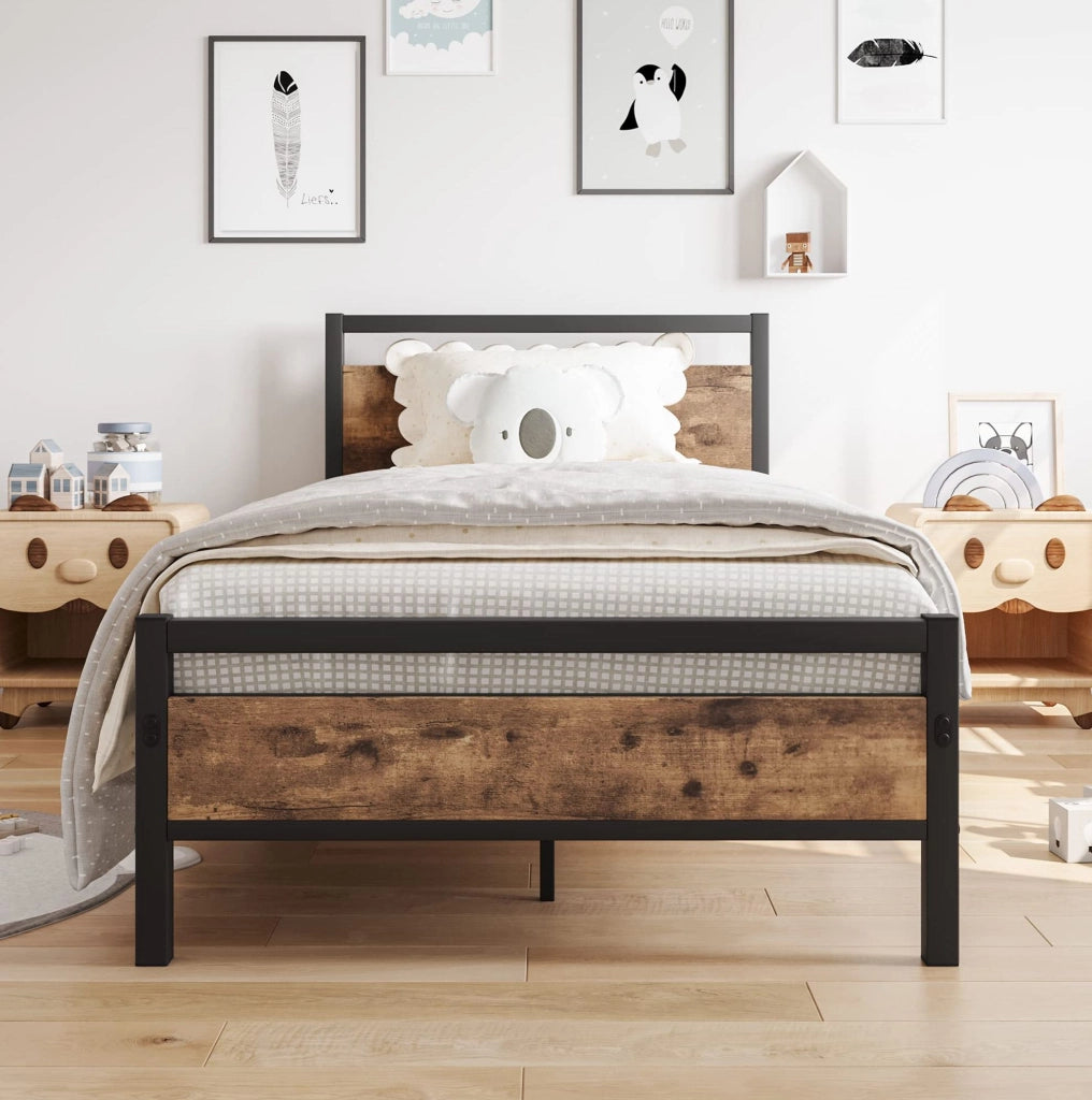 Letto singolo 90x200 cm in metallo e MDF con rete a doghe