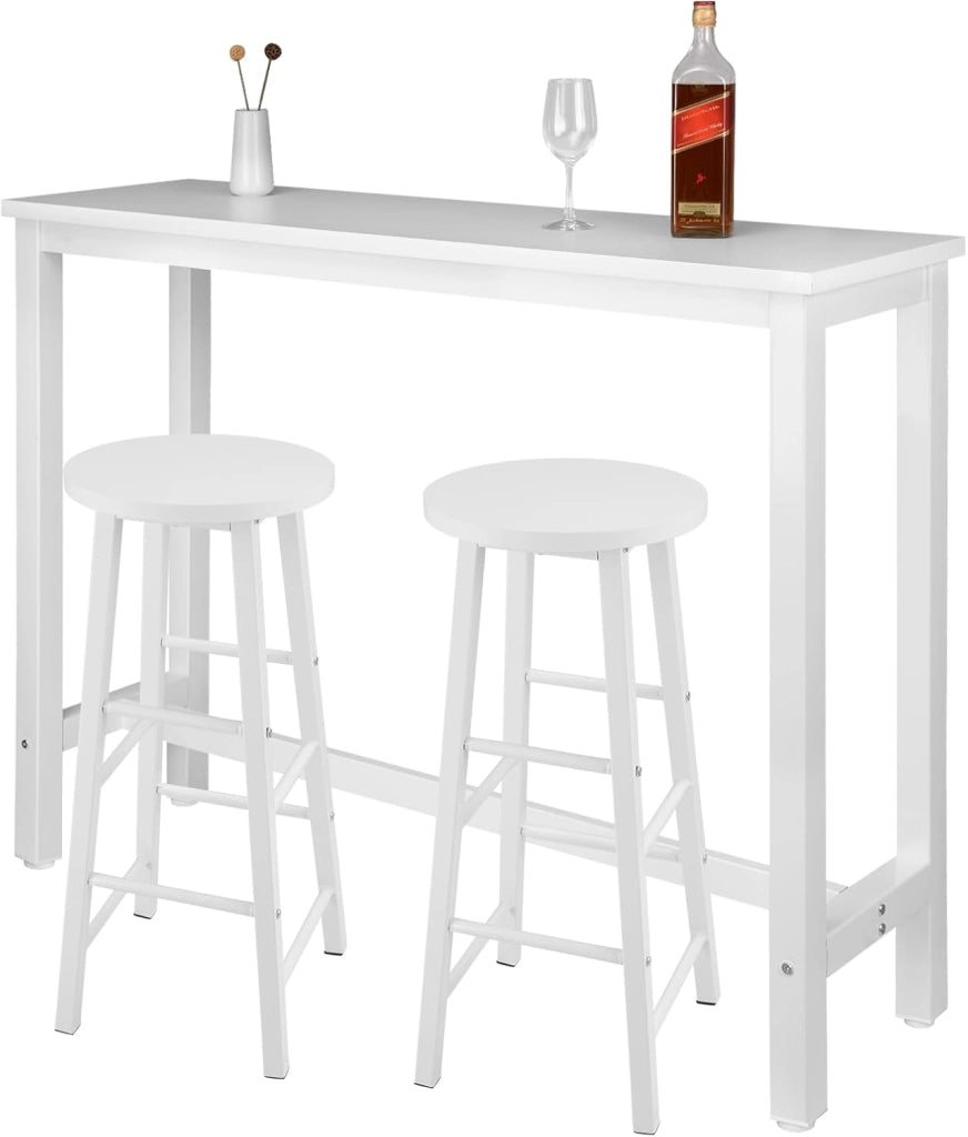 Tavolo Alto con 2 Sgabelli, Set Pranzo per Cucina, Sala da Pranzo, Isola da Cucina, Sgabelli Rotondi, Struttura in Metallo, Design Industriale, Bianco