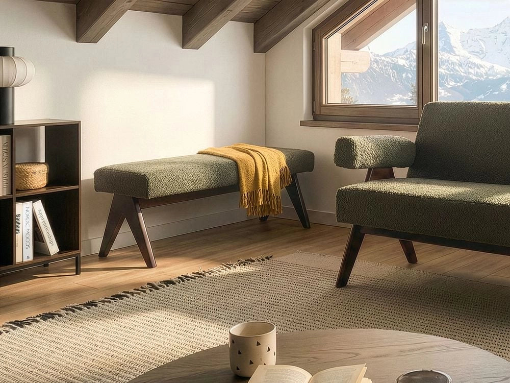 Panca Boucle Verde e marrone scuro con gambe in legno imbottite Panca per corridoio e panca da letto