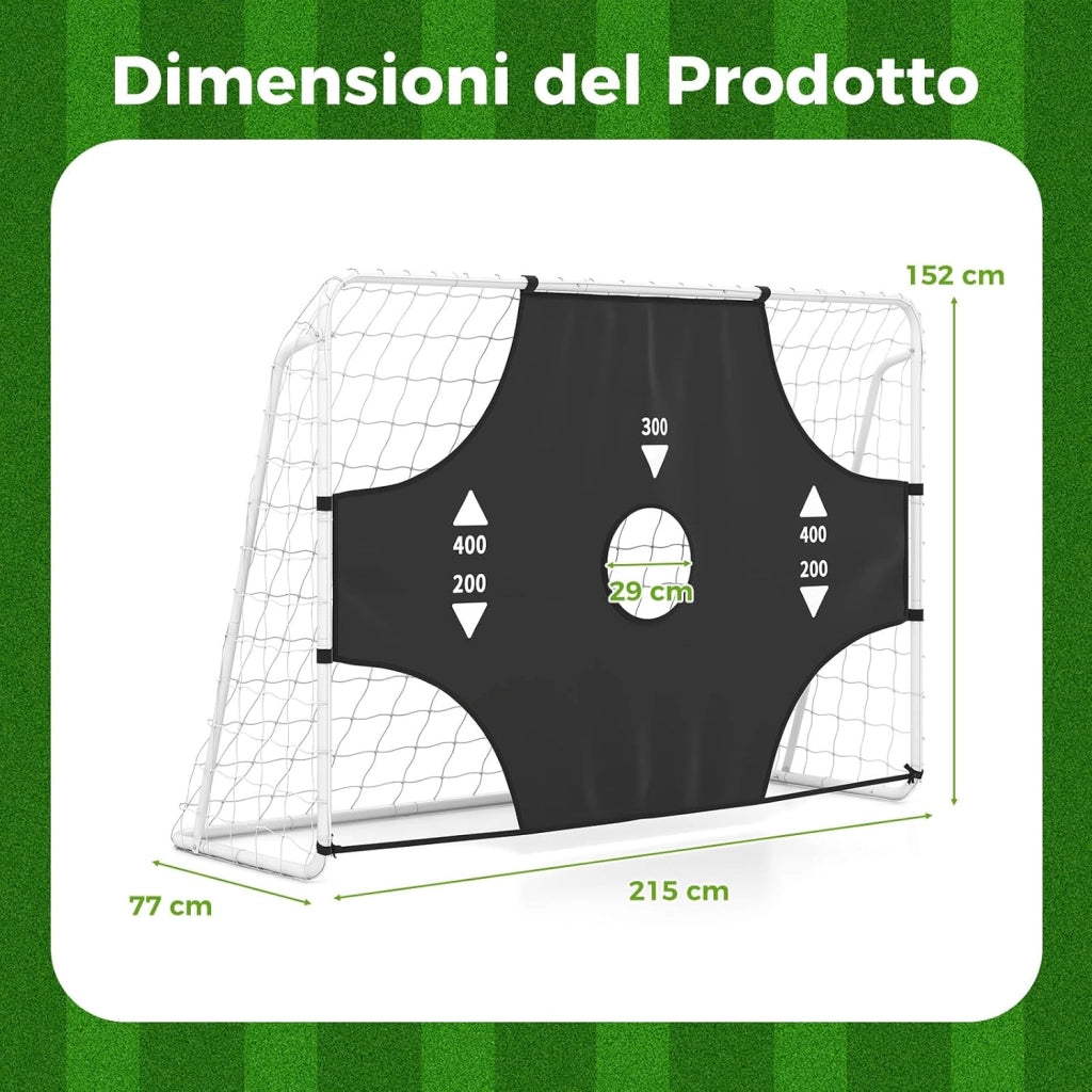 Porta da Calcio 2 in 1, Porta da Calcio con Parete di Tiro Rimovibile, 5 Fori, Picchetti e Fascette, Set di Rete con Bersaglio, per Bambini e Adulti, 215 x 77 x 152 cm