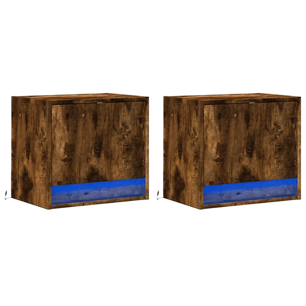 Set di 2 Comodini | Armadio da Notte | Mobiletto da notte a Parete con luci LED Rovere Fumo