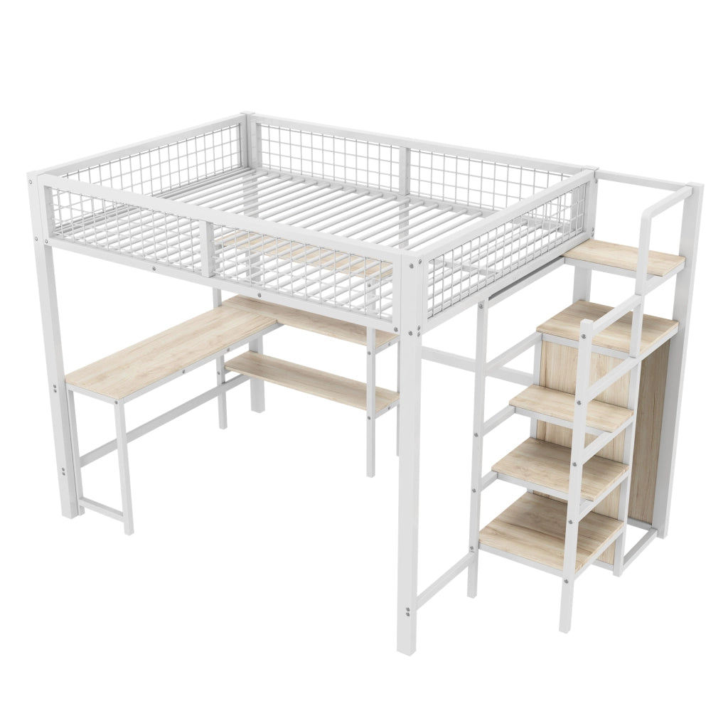 Letto a castello bianco in metallo e MDF con scrivania e armadio 140x200 cm