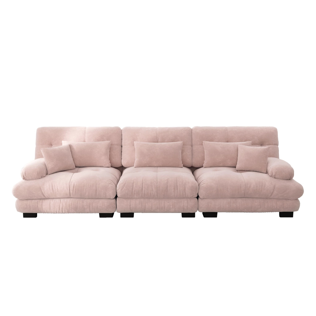 Canapé d'angle modulare 3 posti con seduta profonda e braccioli arrotondati in ciniglia rosa per salotto e ufficio