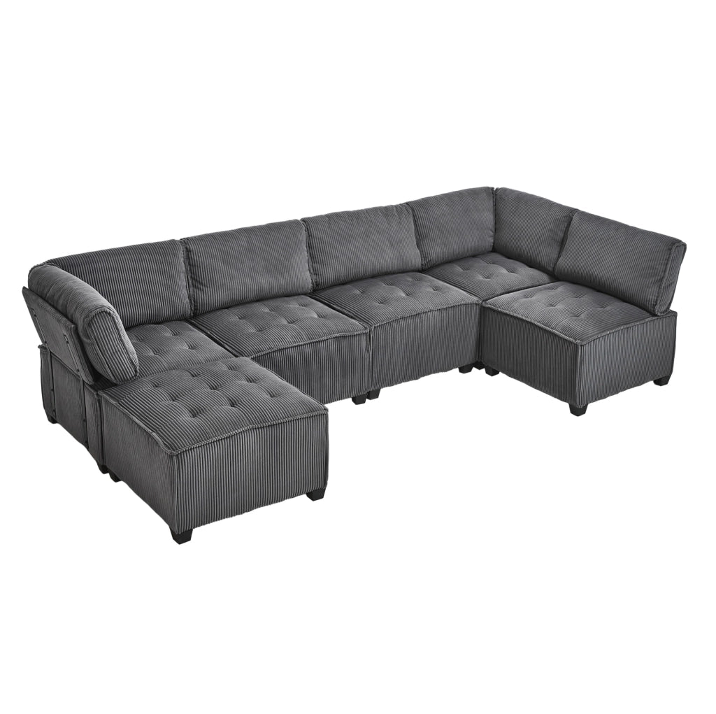 Divano modulare 6 posti in corduroy grigio; componibile in U o L; 308x154x81;99 cm
