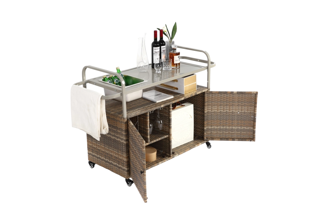 Tavolo da bar esterno; carrello da bar in vimini con armadio; carrello da cortile con piano in acciaio; con un secchio del ghiaccio; ruote chiudibili; cesto laterale per giardino; a bordo piscina e giardino; beige