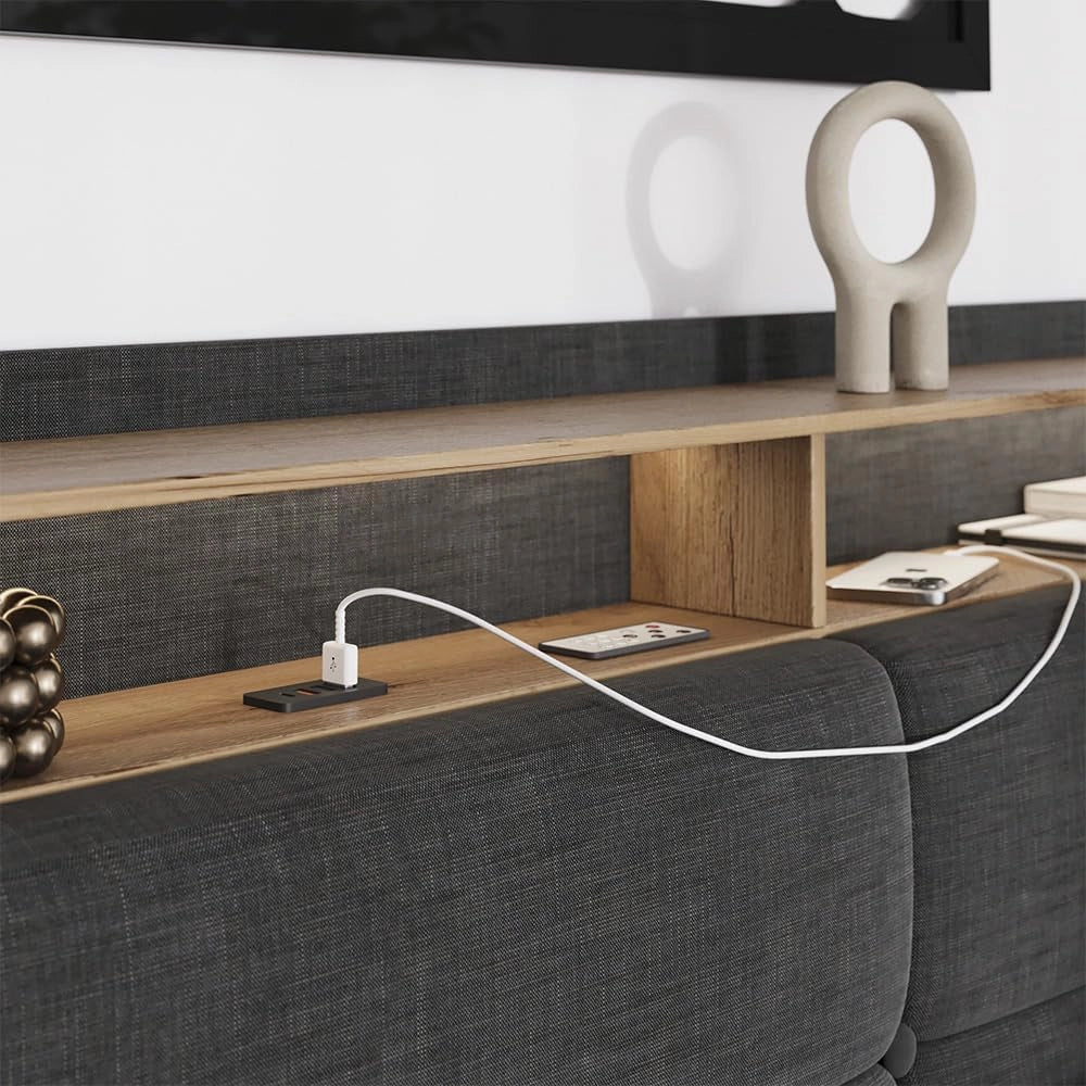 Letto imbottito Christin, Antracite/quercia, 180x200 con LED e porta USB