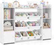 Organizer Giocattoli per Bambini, Scaffale di Legno a 4 Livelli con 8 Cestini Removibili, Armadio di Stoccaggio, per Camera dei Bambini Asilo, 142x30x100 cm