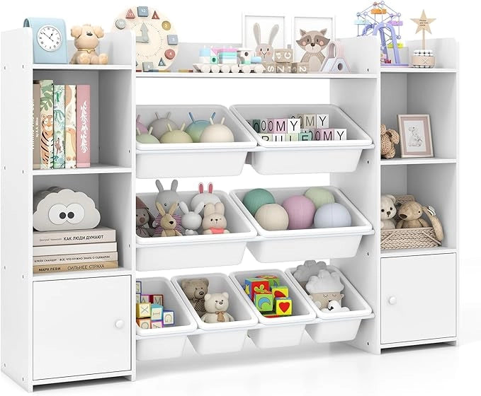 Organizer Giocattoli per Bambini, Scaffale di Legno a 4 Livelli con 8 Cestini Removibili, Armadio di Stoccaggio, per Camera dei Bambini Asilo, 142x30x100 cm