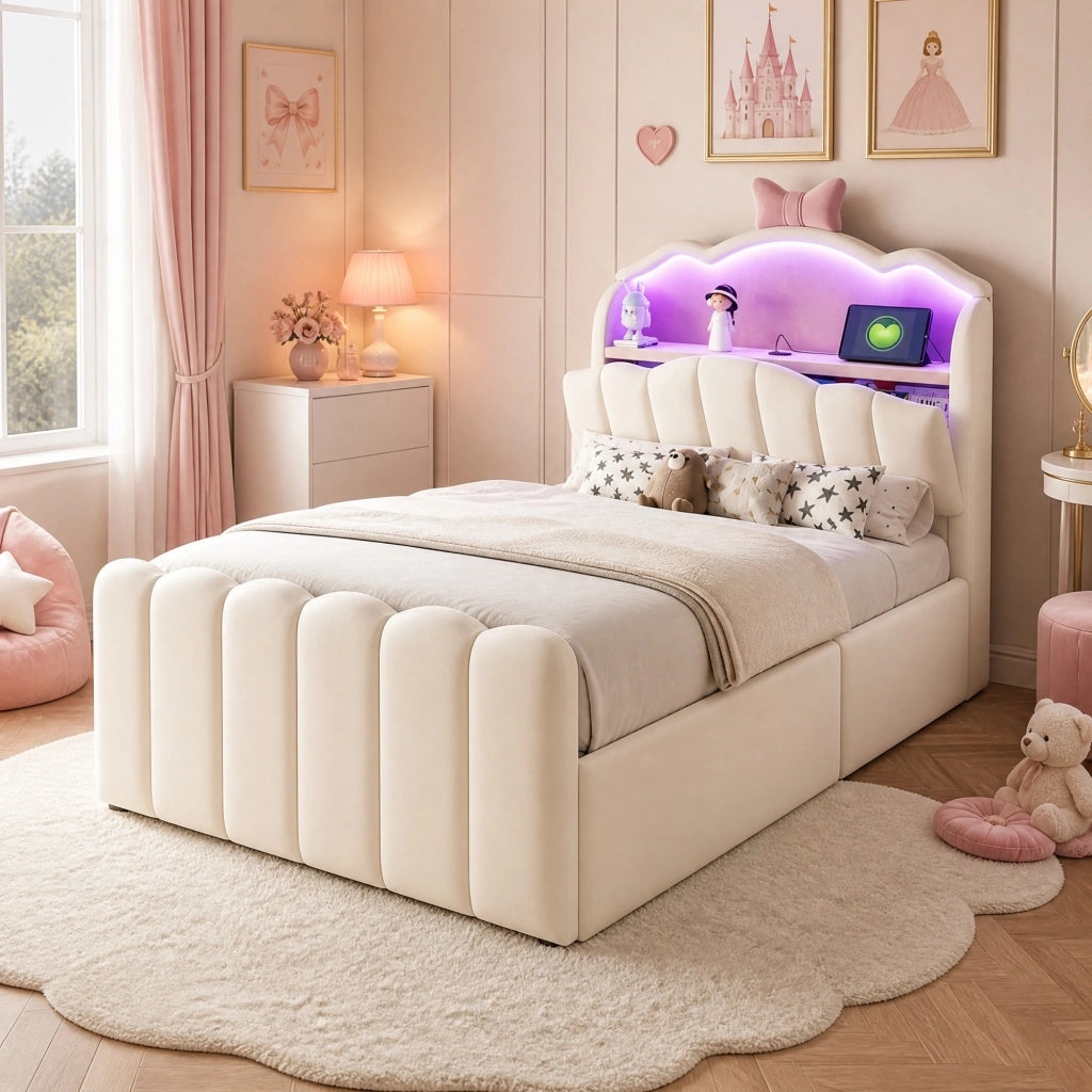LETTO per bambini 90x200 cm beige in velluto con testiera a fiocco