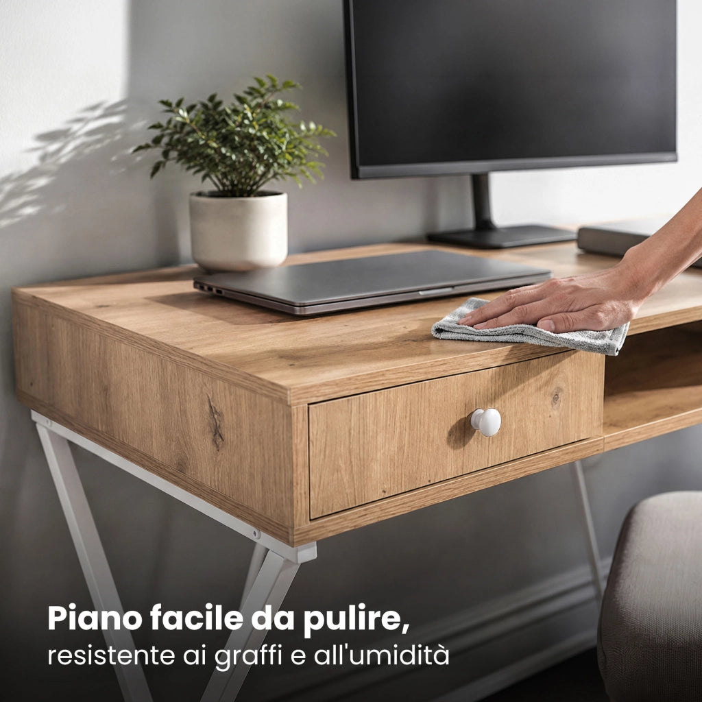 Scrivania PC industriale Rovere Artisan CROSSLINE 120 cm 2 cassetti 1 ripiano gambe bianche