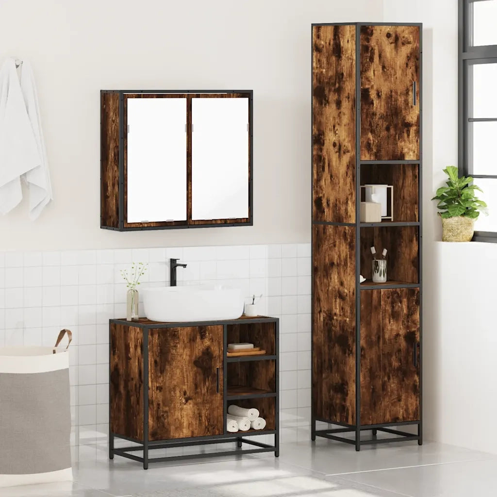 Set Mobili da Bagno 3 pz Rovere Fumo in Legno Multistrato 3301087