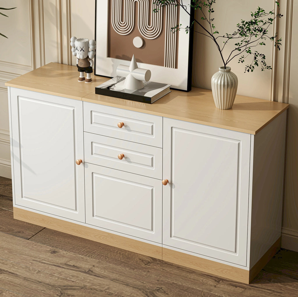 Credenza bianca effetto legno con ante e cassetti 135,5 cm