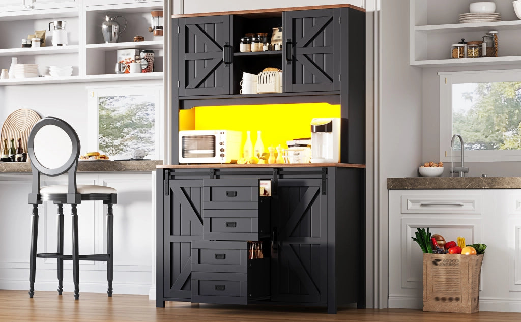 Credenza da cucina alta 115 x 40 x 174,7 cm con ripiani regolabili, ante scorrevoli e illuminazione LED
