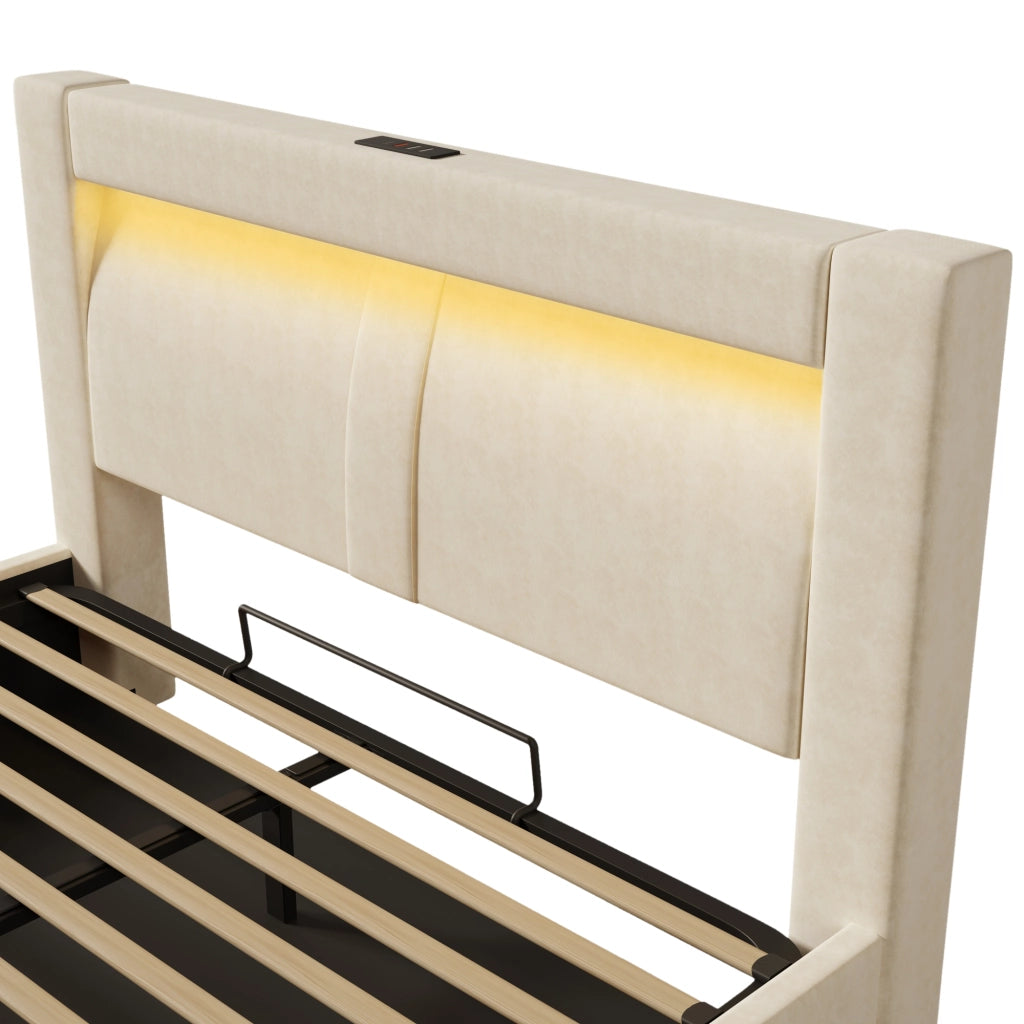 Letti contenitori 160x200 cm con contenitore; LED e ricarica USB; velluto beige (Senza materasso)
