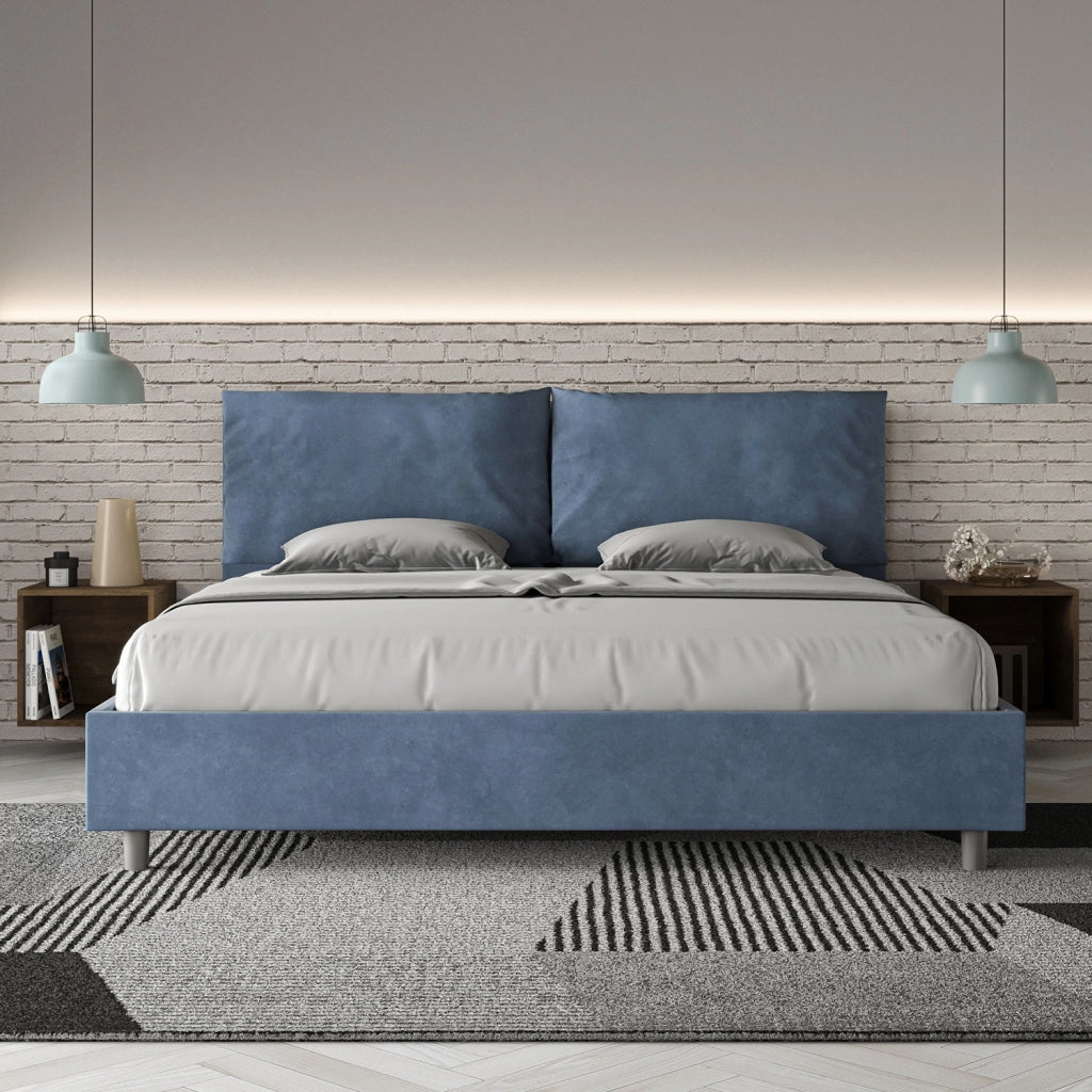 BS COM Letto matrimoniale king size con rete imbottito 190x210 microfibra blu Large