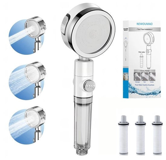 Douchekop ad alta pressione, douchekop idroregolabile, douchekop a risparmio d'acqua, douchekop manuale con 3 modalità d'acqua, interruttore unico, funzione anticalcifica, funzione per il bagno e lo spa (argentato)