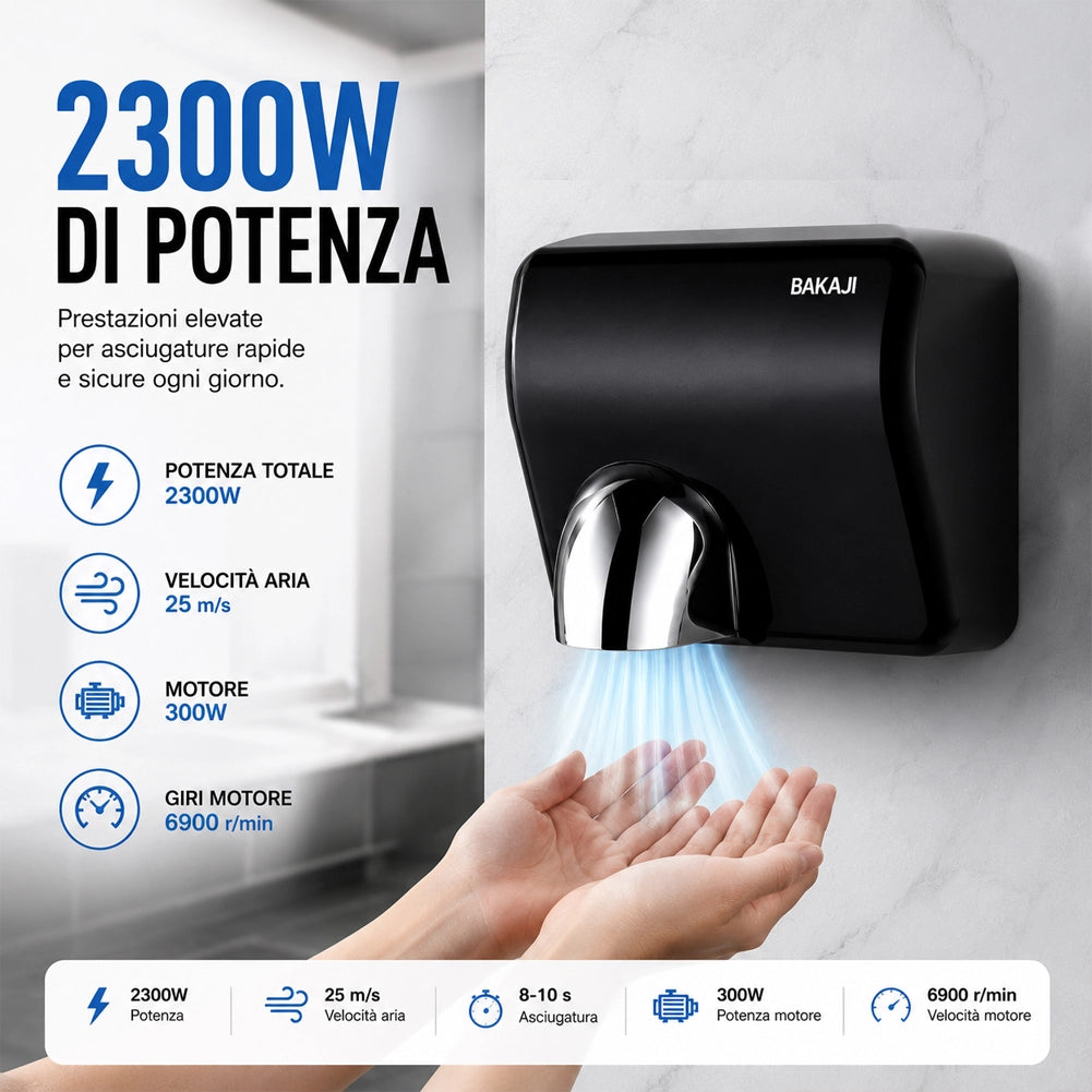 Asciugamani Elettrico Nero da Hotel Aria Calda a Parete 2300W con Fotocellula