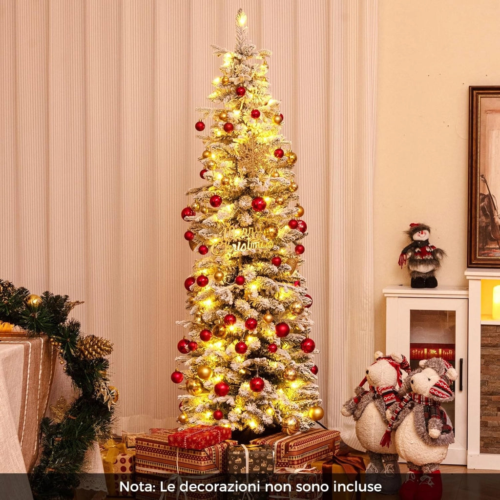 Albero di Natale Slim Pre-illuminato 150/180 CM, Albero di Natale Innevato con 120/140 Luci LED Bianche Calde, 249/334 Rami e 8 Modalità di Illuminazione e Vaso (180 CM)