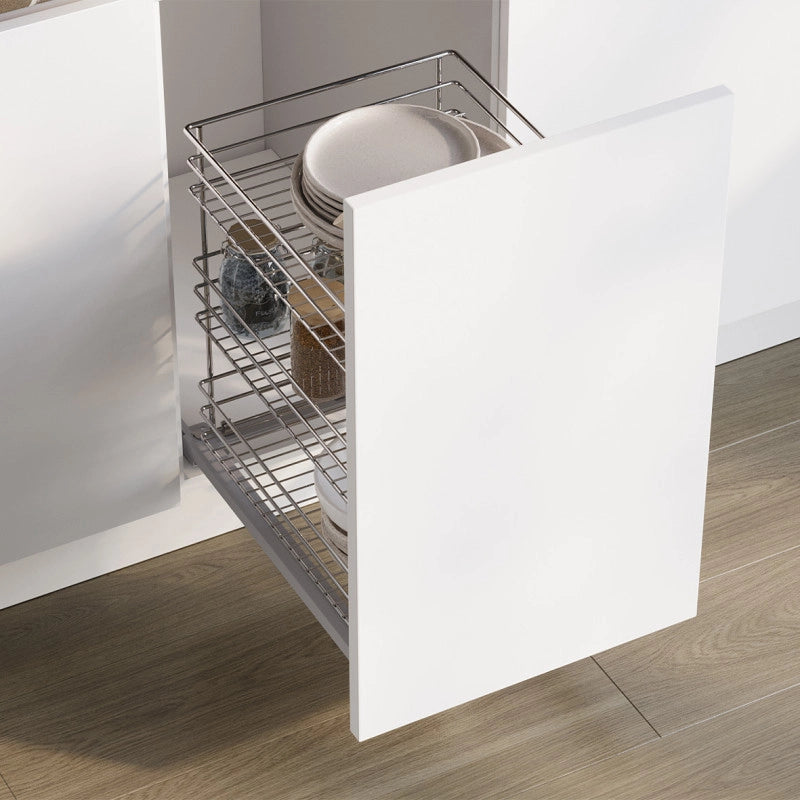 Portabottiglie estraibile SupraMax con chiusura soft, lato sinistro, 3 vassoi, unità 150 mm, Acciaio, Cromato lucido
