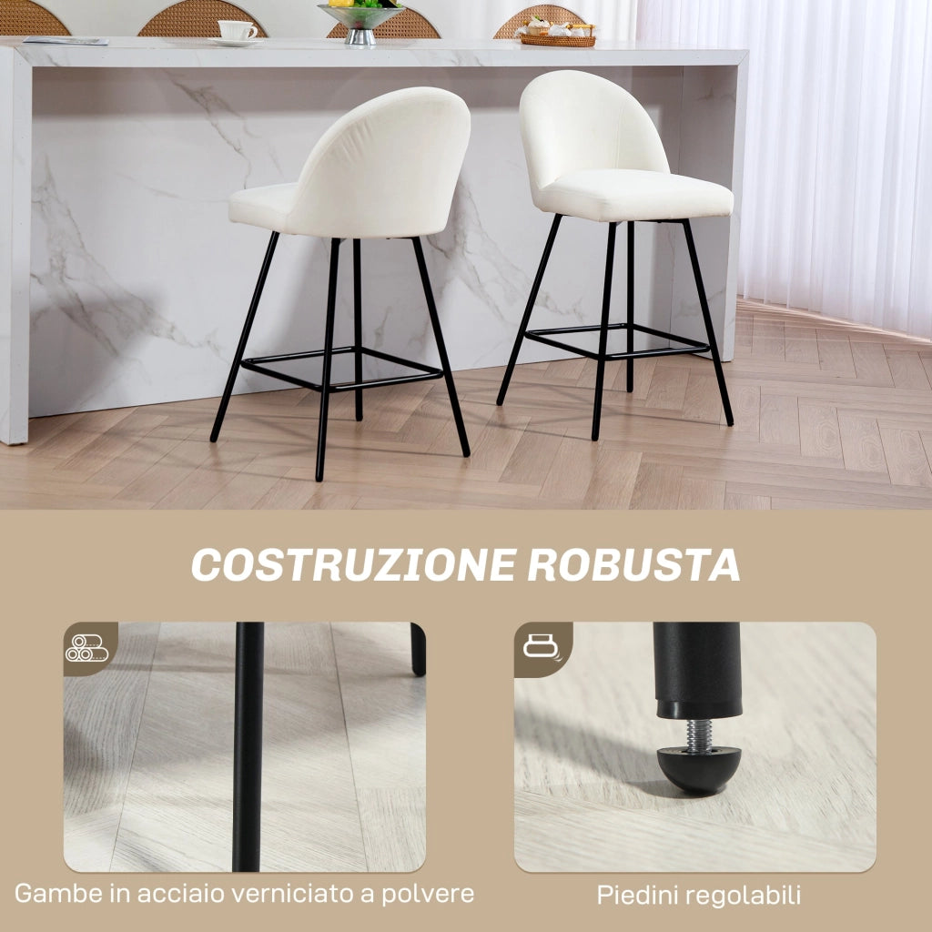 Set da 2 Sgabelli da Bar con Schienale 48,5x56x92 cm in Velluto Bianco Crema