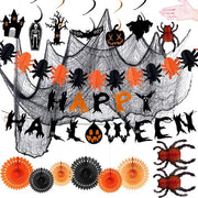 Set di decorazioni per Halloween - 6 ventilatori in carta + guirlande a forma di ragno 3m + bandiera + appendiabiti per ragno + decorazioni da appendere per Halloween + set di setole nere 76x230cm