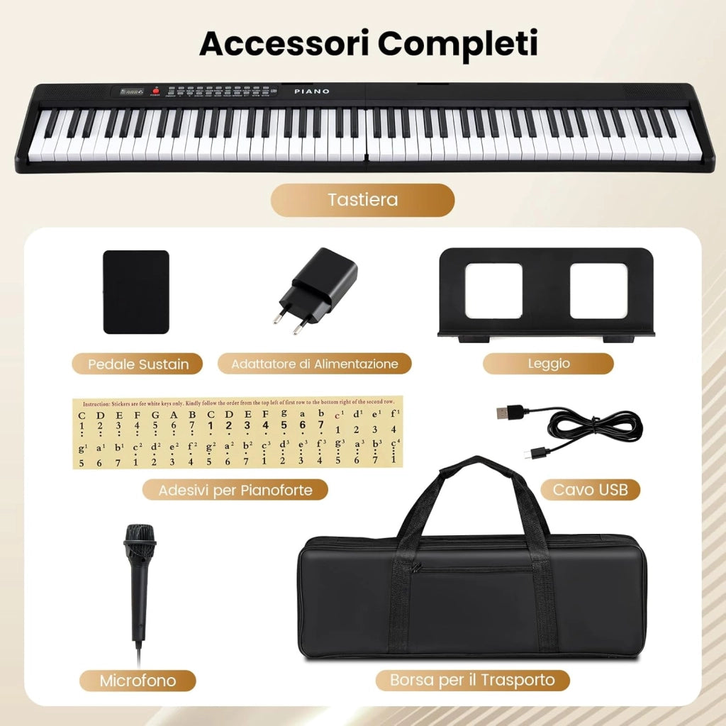 Pianoforte Digitale 88 Tasti, Tastiera Elettronica con 1000 Ritmi, 1000 Timbri, 150 Canzoni, Pianoforte Elettronica Pieghevole con Doppi Altoparlanti, MP3/USB/MIDI, per Principianti Bambini
