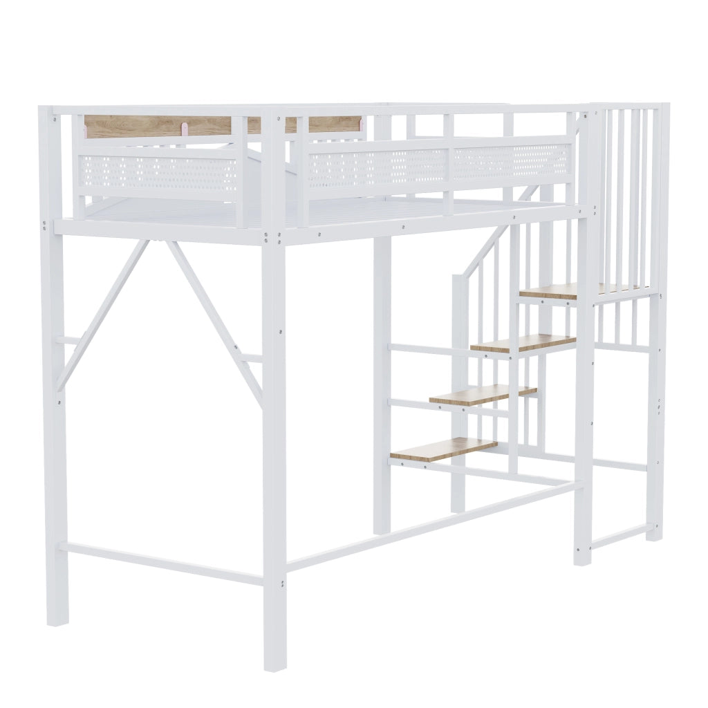 Letto a soppalco in metallo 90 x 200 cm, bianco, con scala laterale, parapetto di sicurezza e spazio contenitore