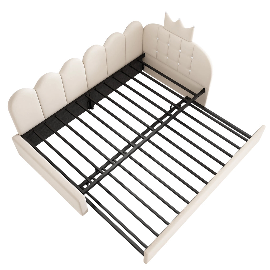 Letto daybed L-forma 90x200 cm con letto estraibile 90x190 cm, velluto beige, design corona