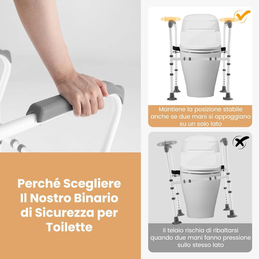 Supporto di Sicurezza Telaio Autonomo per WC, Supporto per WC Regolabile in Altezza e Larghezza con Cinghia di Fissaggio, Con Ventose Antiscivolo (Grigio)