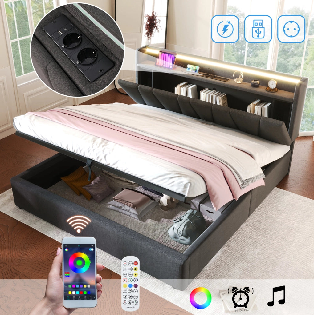 Letto matrimoniale imbottito 160 x 200 cm con materasso, LED e ricarica USB
