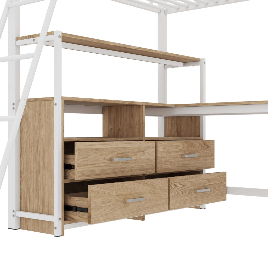 OKWISH Letto a soppalco 140×200 cm, Letto Matrimoniale con Scrivania a L, 4 Cassetti, Mensole e Contenitore, senza Materasso, MDF e Metallo, Bianco