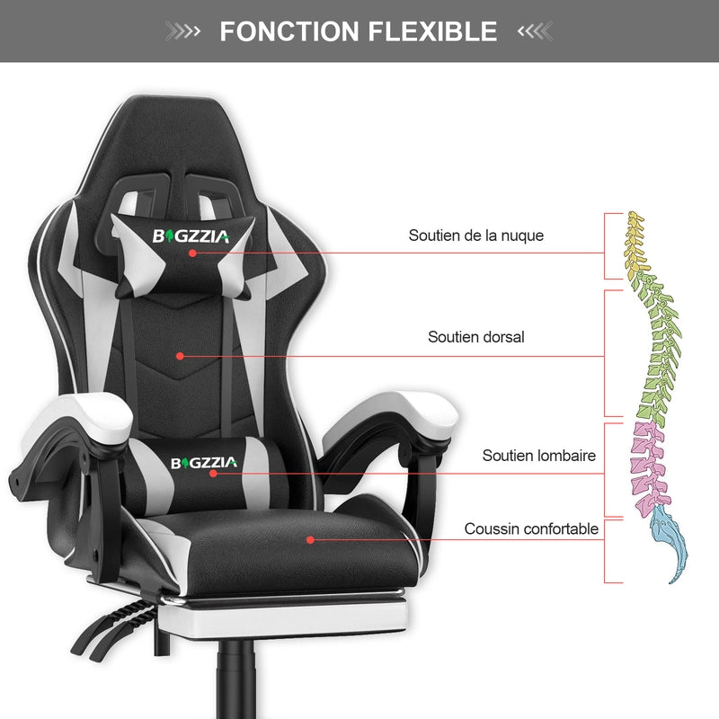 Sedia da gioco,sedia da gioco ergonomica  in similpelle, altezza regolabile,con poggiatesta e supporto lombare, poggiapiedi, nero e bianco