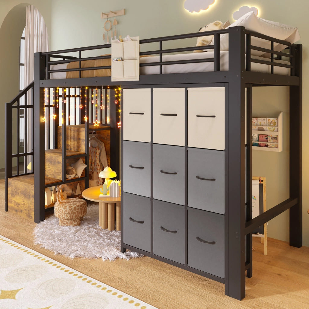 Letto a soppalco in metallo con cassetti e scala contenitore, 90x200 cm, nero