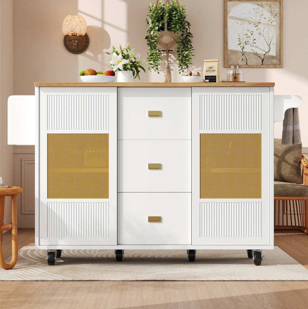 Isola cucina 146.85x70x90 cm con piano ribaltabile e ruote in MDF e metallo bianco