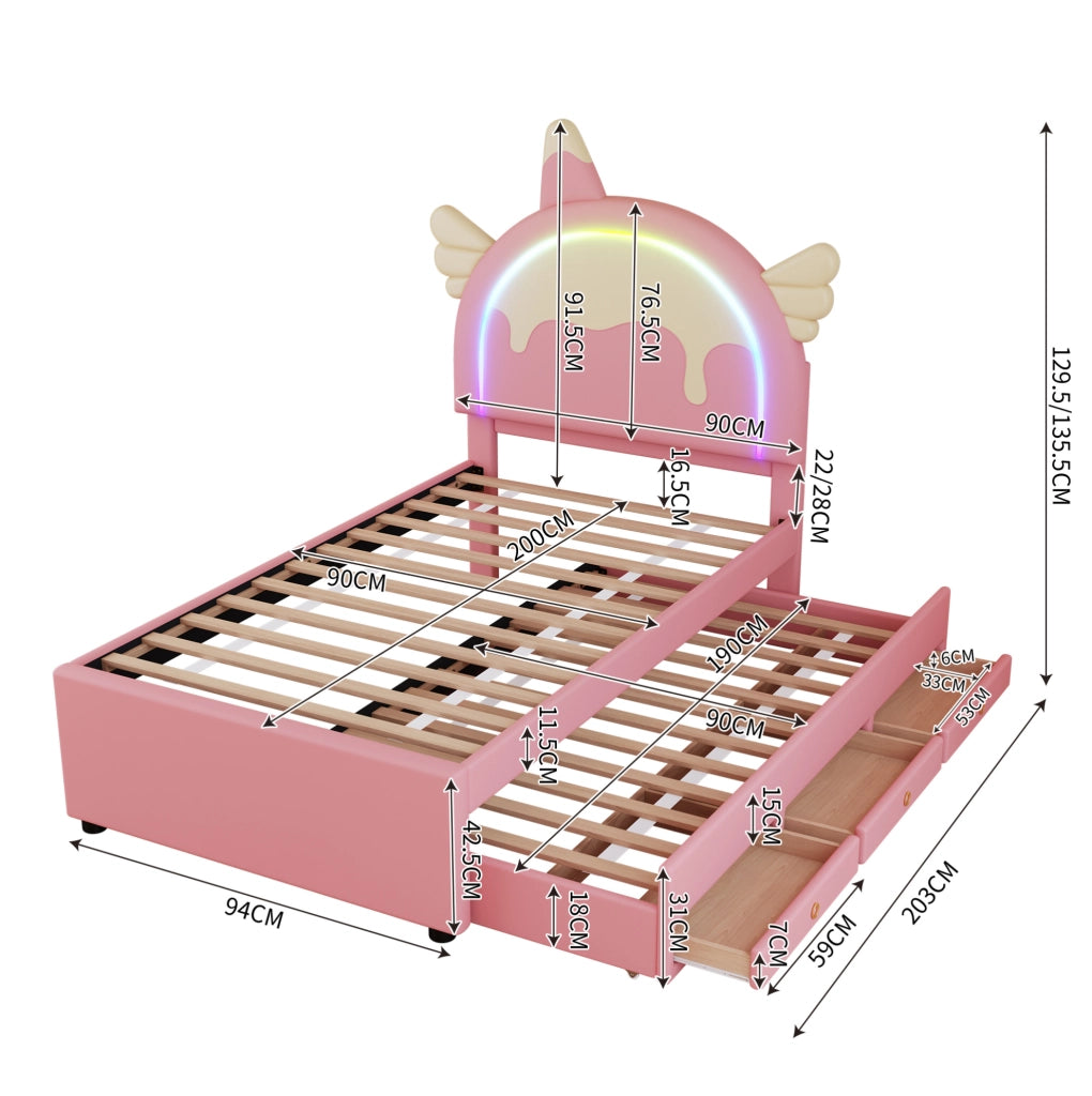 Letto per bambini 90x200 cm; con letto estraibile; PU; rosa