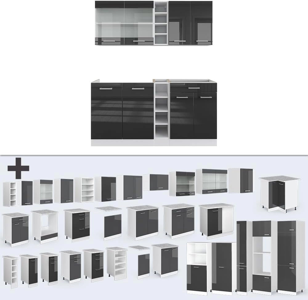 Cucina completa R-Line, Antracite lucido/bianco, 160 cm, PL Antracite, con disposizione flessibile dei moduli ed espandibile