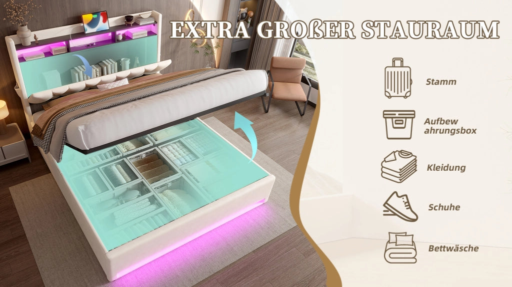 DESMIU Letto contenitore 160 × 200 cm 2 posti con LED, USB e Type-C, senza materasso, in velluto, beige