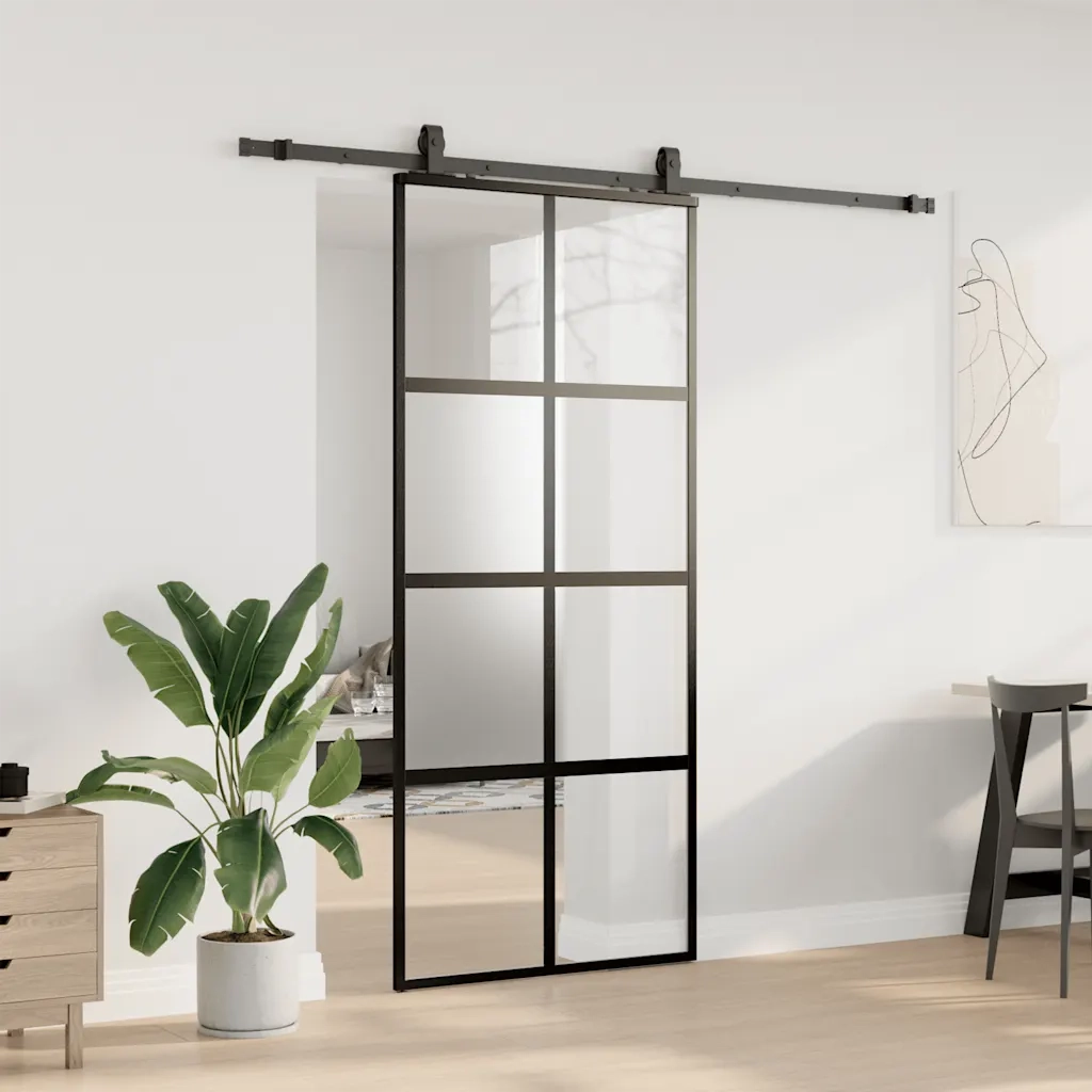 Porta Scorrevole Set Ferramenta Nera 90x205 cm Vetro Temperato 3375973