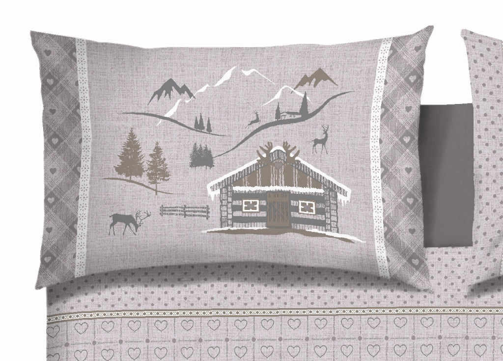 Copripiumino Sacco Piumone Cotone Flanella Pensieri Delicati Disegno Chalet - Matrimoniale - Beige