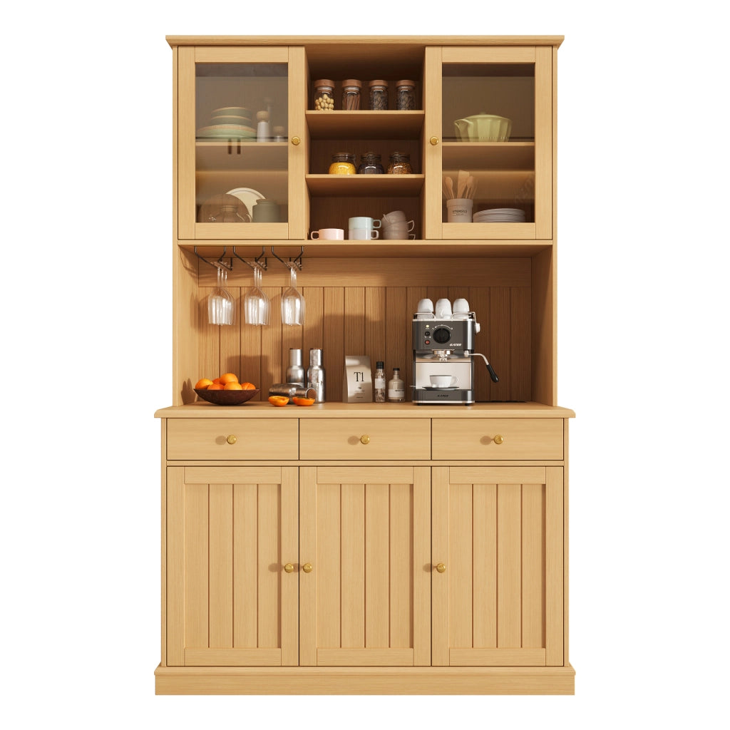 Credenza alta con ante in vetro; cassetto e prese USB - per cucina e soggiorno - in truciolato - 120×40×191 cm - naturale