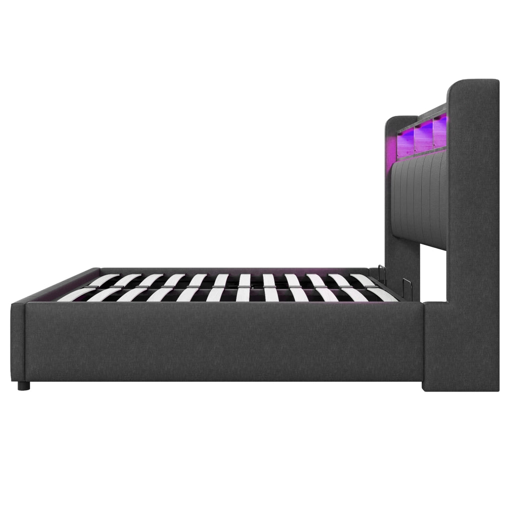 Letto imbottito 160x200 cm grigio con LED, USB e vano contenitore