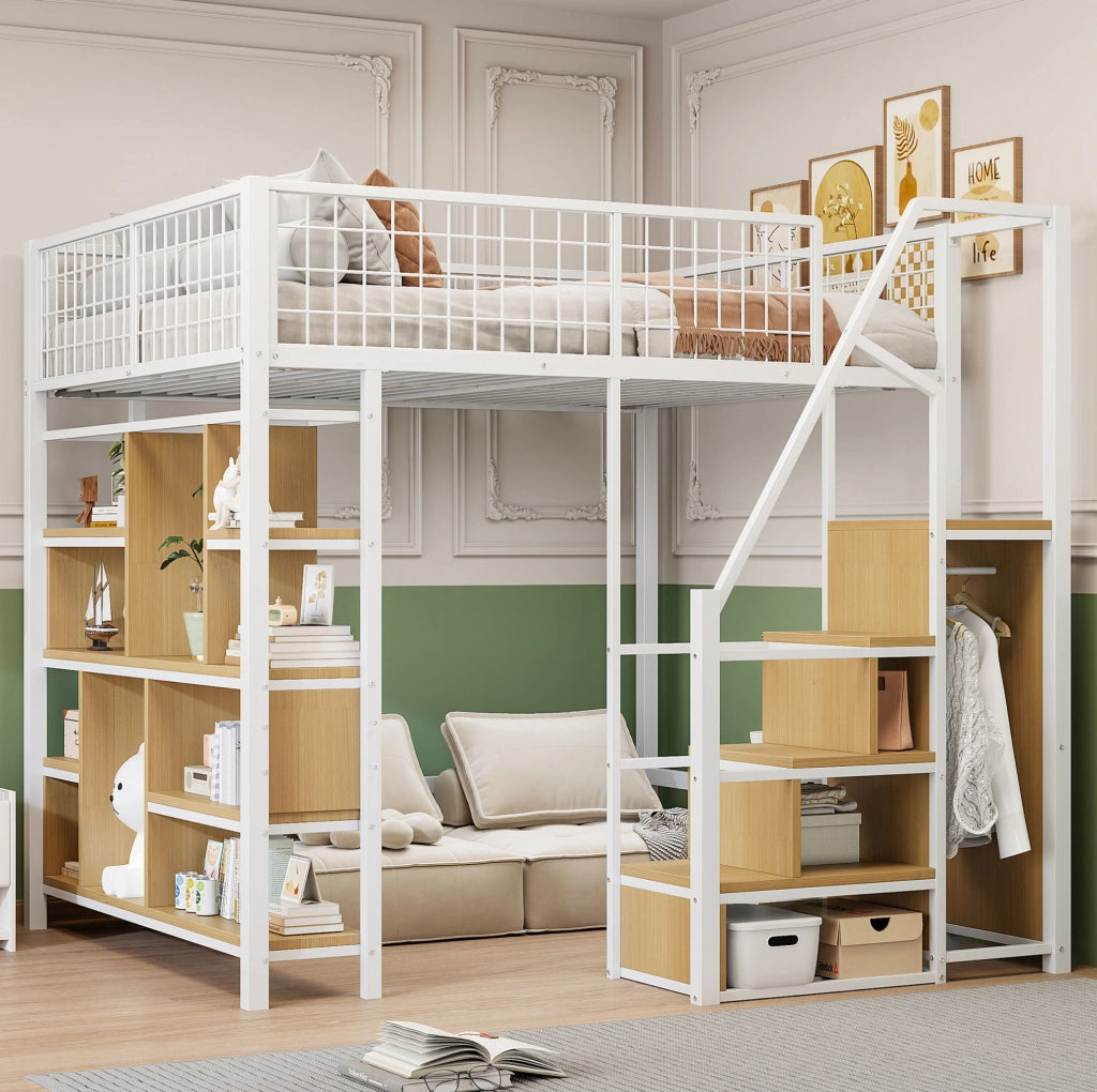 Letto a soppalco bianco 140 x 200 cm con scala contenitore