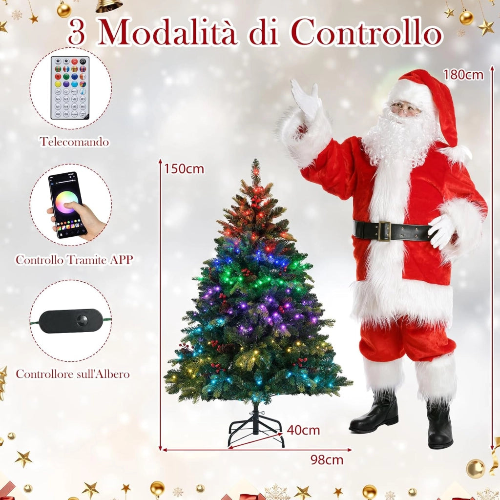 Albero di Natale Artificiale 150 cm, con 250 Luci RGB Multicolori Controllabili tramite APP, 584 Rami in PE & PVC, 23 Pigne e 23 Bacche Rosse e Controllo Remoto (150 cm)
