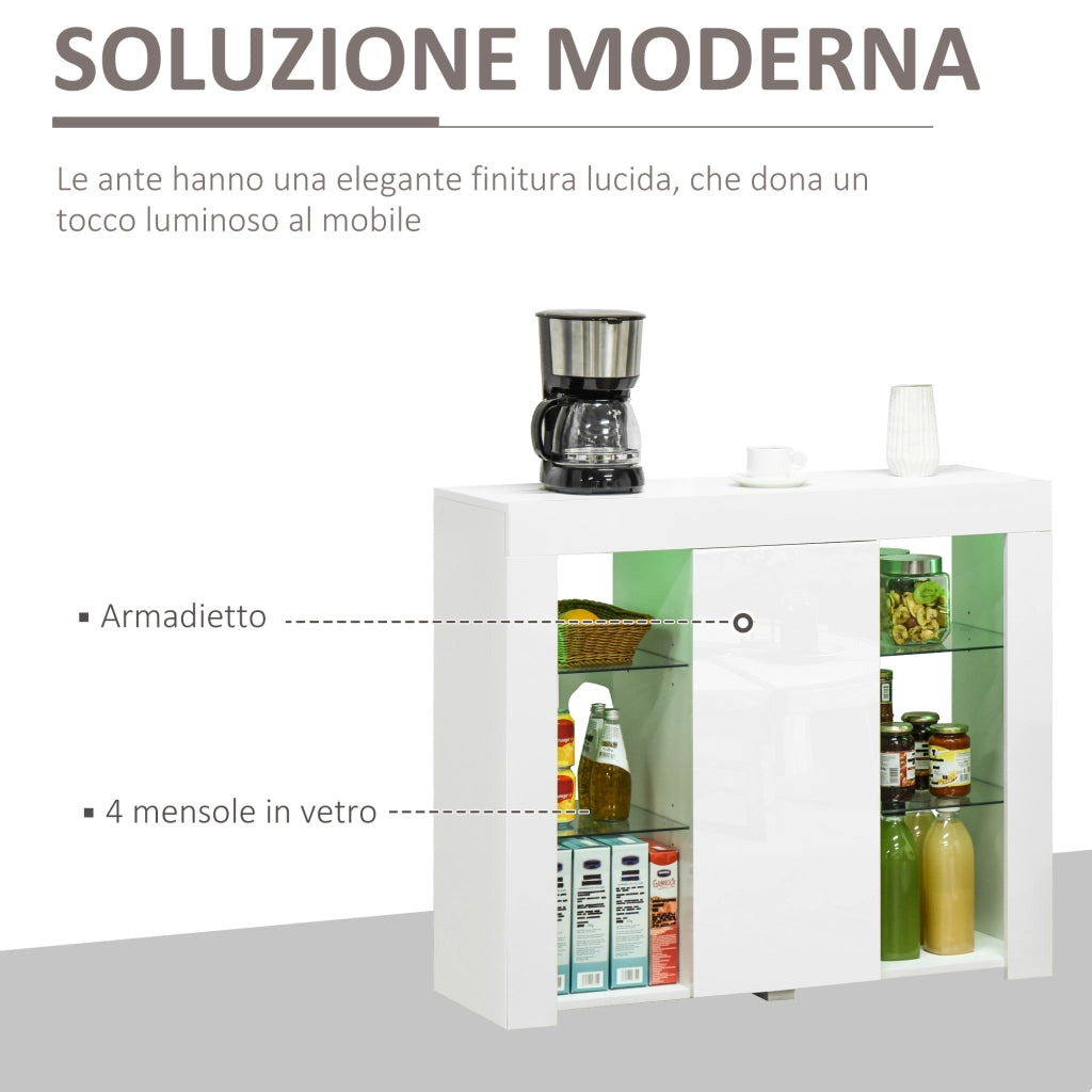 Credenza Moderna con Luci LED e Mensole in Vetro ¨C zephmum ¨C Bianco Lucido Legno 97x35x83