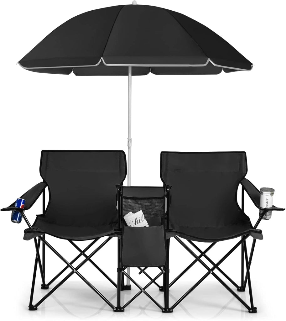Set di 2 Sedie da Campeggio Pieghevoli, con Ombrellone e Tavolino Contenitore, Resistente e Leggero, Capacità 113 kg (nero)