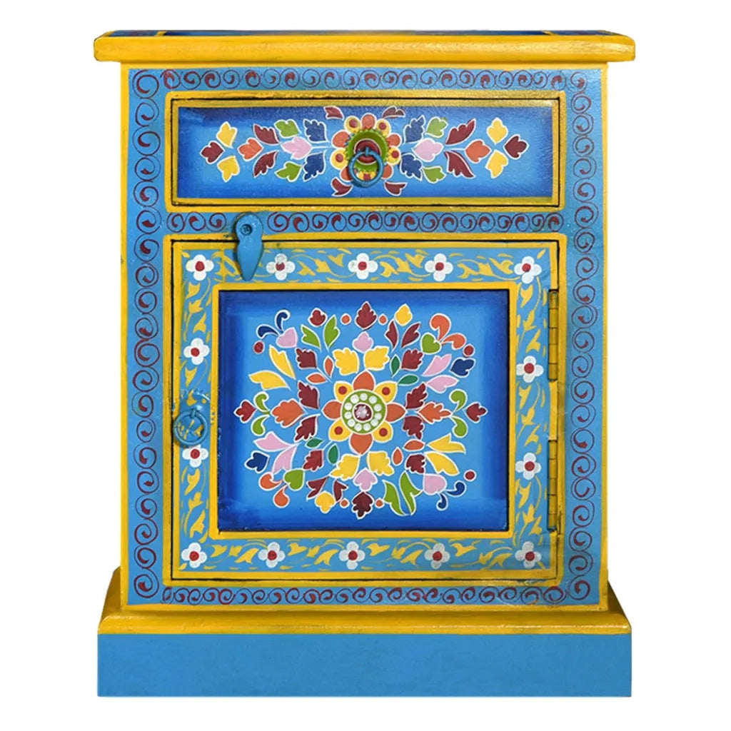 Comodino in Legno Massello di Mango Turchese Dipinto a Mano 244834