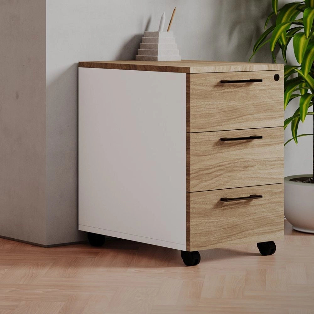 Cassettiera da ufficio 3 cassetti noce naturale e bianco frassinato Ibisco con ruote e serratura 40x55x58H