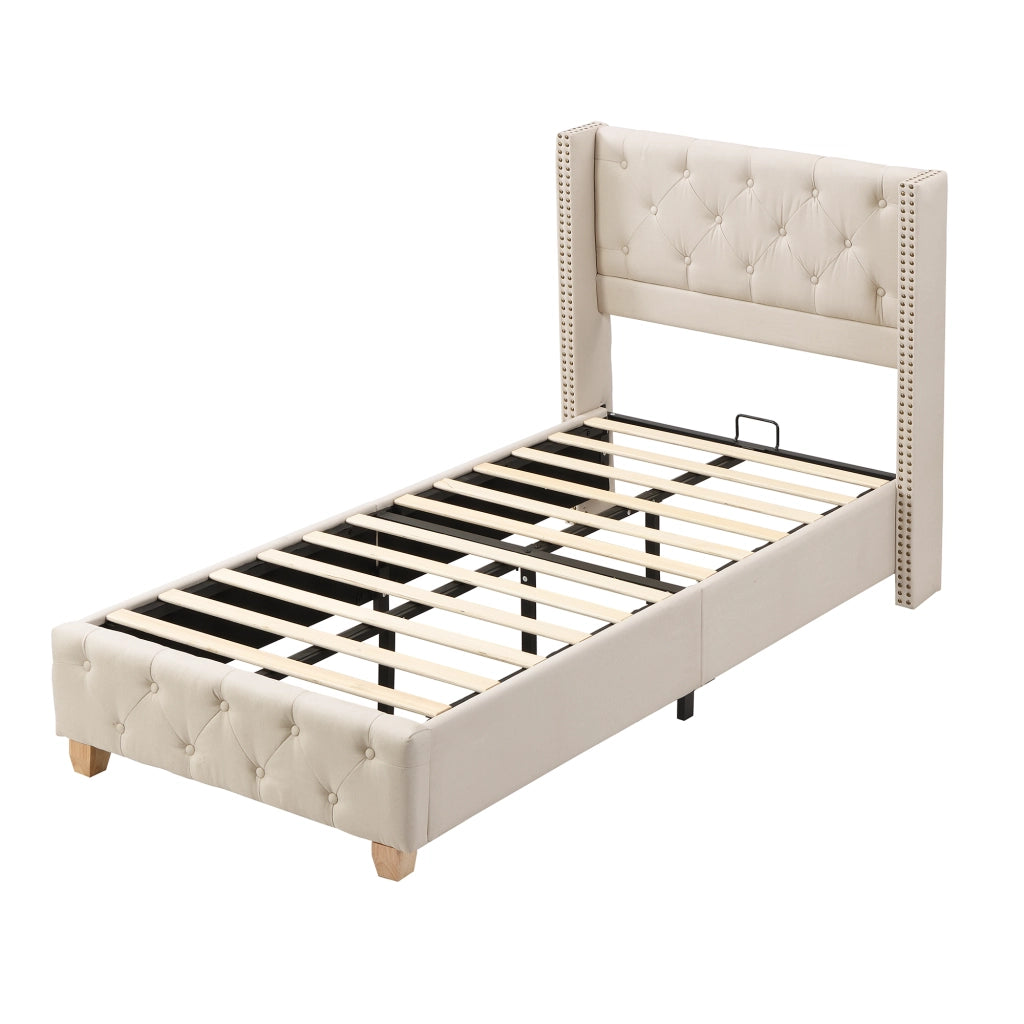 Letto imbottito 90x200 cm con rete a doghe, rivestimento in lino, testiera capitonné, beige